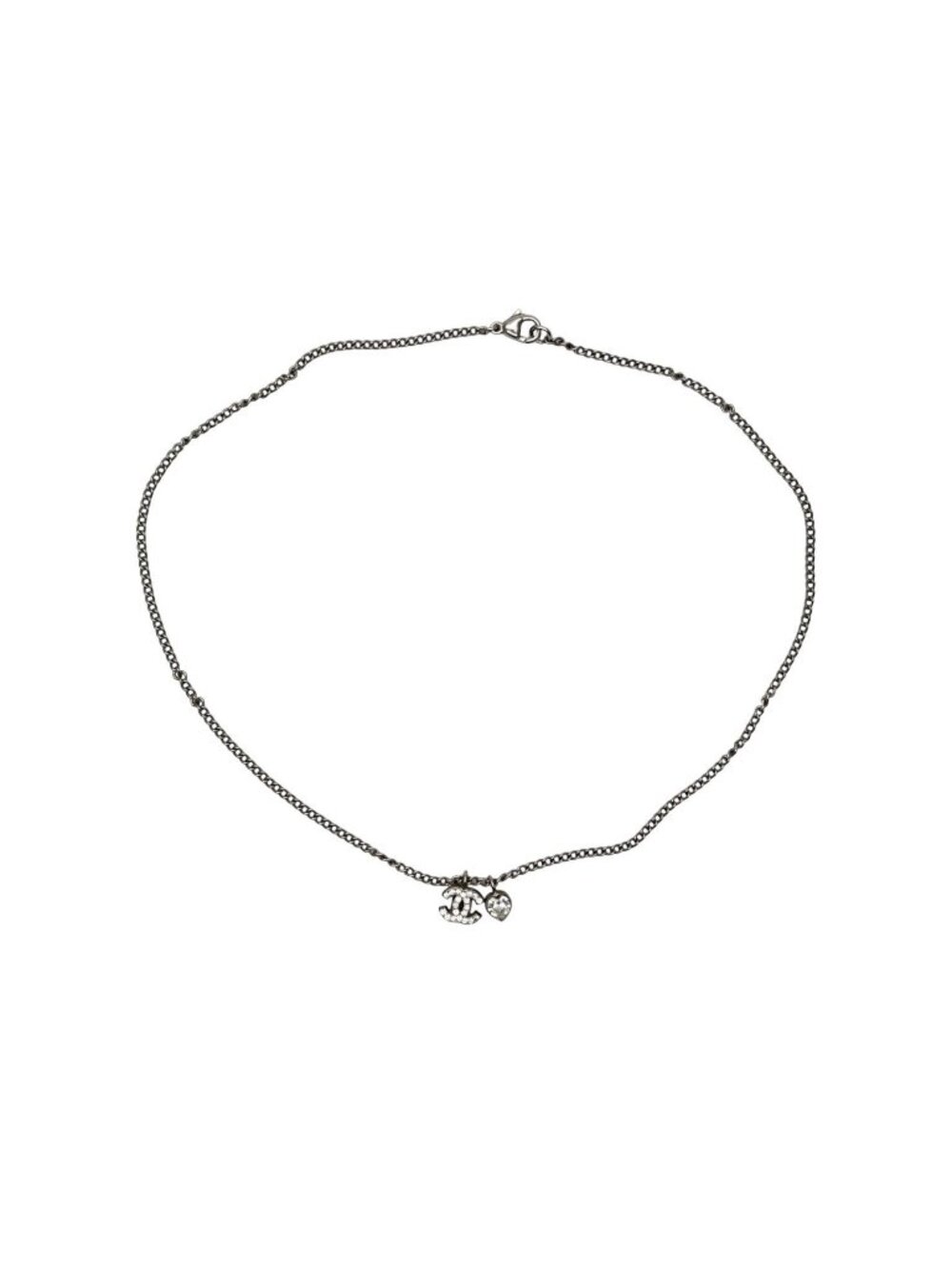 Chanel CC Logo Heart Necklace 04 42 Rhinestone Metal Clear Silver